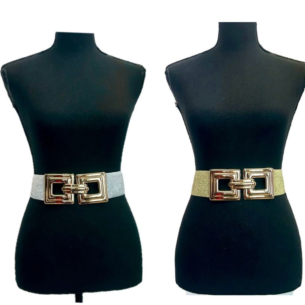 Two gold silver metallic glitter stretchy buckle belts thick band Sz S